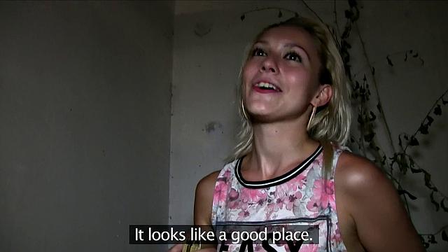 Blonde cutie gags on cock & swallows his load