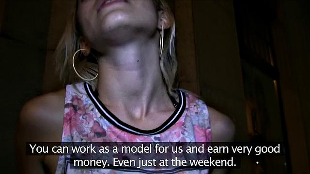 Blonde cutie gags on cock & swallows his load