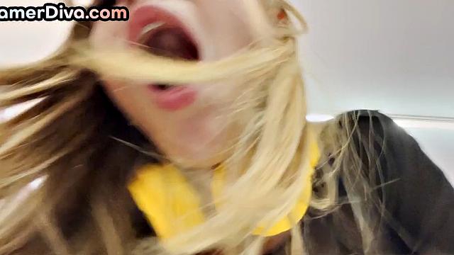 Curvy gamer babe riding cock while BFF is playing games