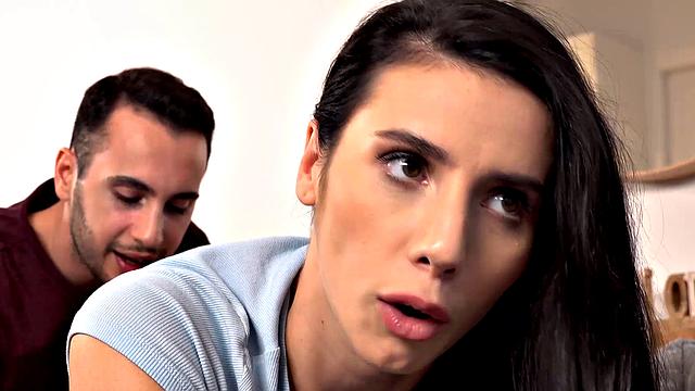 Naughty adventure with a stuck couch: Brunette babe gets ass licked, panties stuffed, and spooned in wild pussy-on-pant