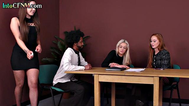 Sexy CFNM office babes jerking off a BBC