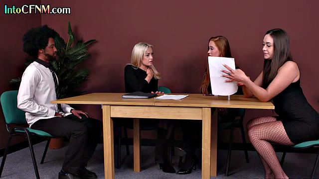 Sexy CFNM office babes jerking off a BBC