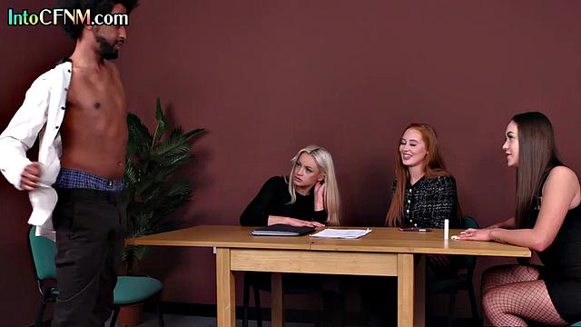 Sexy CFNM office babes jerking off a BBC