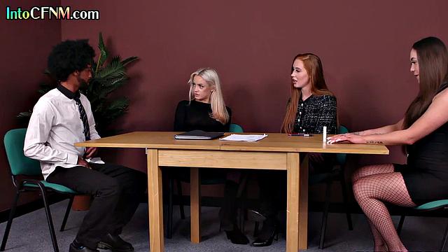 Sexy CFNM office babes jerking off a BBC