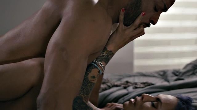 Busty ts sucking interracial couple before barebacking