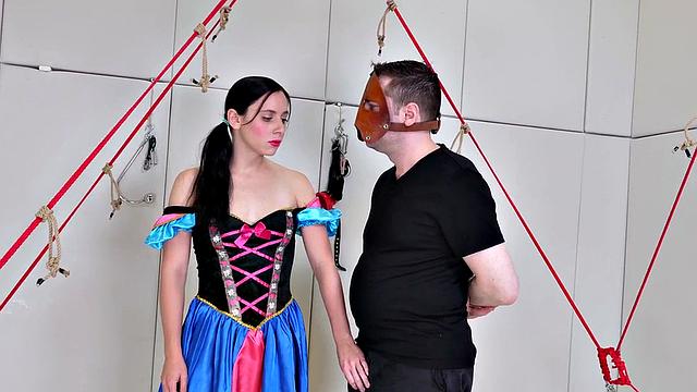 Brunette sub gets her tight ass stuffed with toys while being dominated in mask & dress