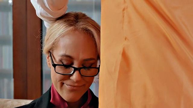 Big-titted MILF boss cockriding coworker