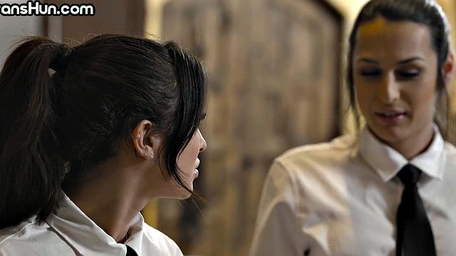 Lesbian tgirl waitress fucks colleague after boss leaves