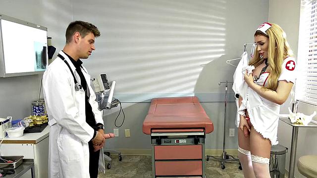 Busty trans nurse in uniform sucking and jerking cock