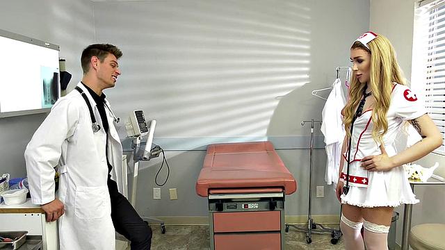 Busty trans nurse in uniform sucking and jerking cock