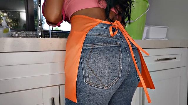 Deepthroat Asia maid assfucked by bigcock after deep sucking