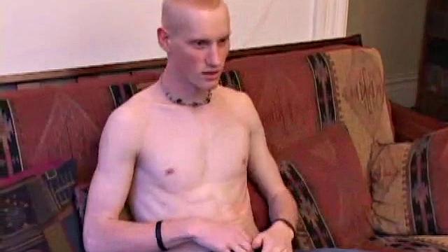 Bummed out by a broken skateboard, Kaos pulls out his lube and pops in a porn video. After stripping naked, he strokes his huge cock and spews a warm cum load onto his chest.