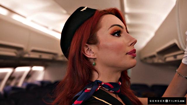 Sexy Trans Stewardess Spitroasted By Hunk & Big-Breasted Babe - GenderXFilms