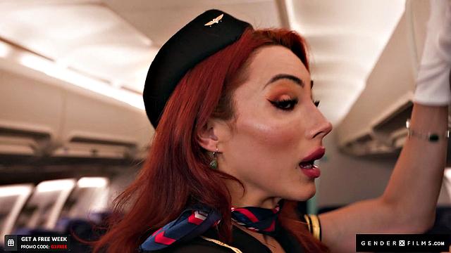 Sexy Trans Stewardess Spitroasted By Hunk & Big-Breasted Babe - GenderXFilms