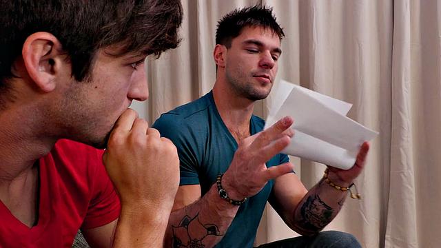 Hairy stud rides sturdy cock of tattooed BF on couch