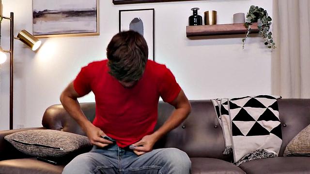 Hairy stud rides sturdy cock of tattooed BF on couch