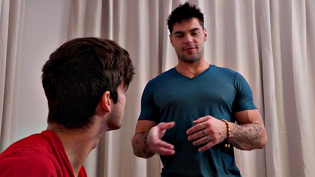 Hairy stud rides sturdy cock of tattooed BF on couch