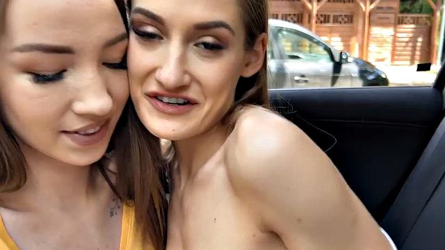 Cockhungry petite 21yo babes riding in car 3some