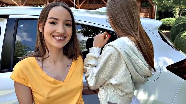 Cockhungry petite 21yo babes riding in car 3some