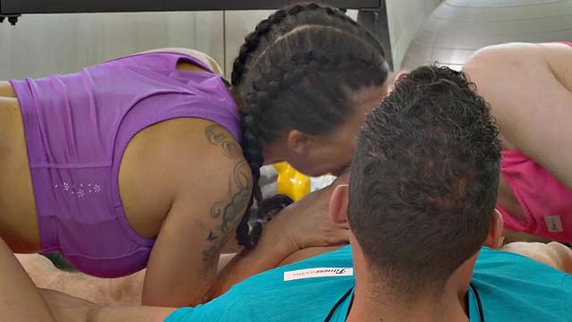 Watch these horny MILFs get their butts drilled by a big white dick in a wild 3some