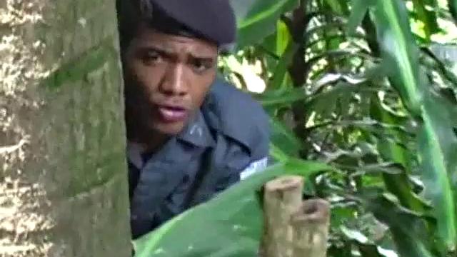 Latino Darrien Leon lurks in the jungle, eager for a chance encounter. He's adorable in his low-rise shorts that get pulled off by Andre Castro. Andre prepares Darrien's ass for fucking by rimming his sweet cheeks.
