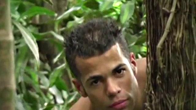 Latino Darrien Leon lurks in the jungle, eager for a chance encounter. He's adorable in his low-rise shorts that get pulled off by Andre Castro. Andre prepares Darrien's ass for fucking by rimming his sweet cheeks.