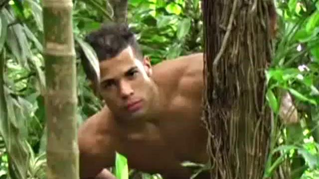 Latino Darrien Leon lurks in the jungle, eager for a chance encounter. He's adorable in his low-rise shorts that get pulled off by Andre Castro. Andre prepares Darrien's ass for fucking by rimming his sweet cheeks.