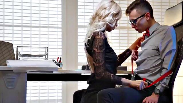 Raunchy secretary in lingerie fucked by big boss