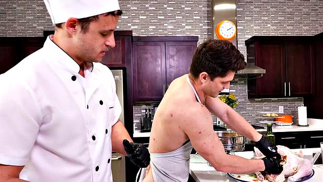 Food fetish jock fist in kitchen by his chef