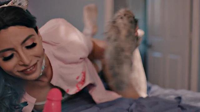 Foxy tranny in lingerie anally smashed on the bed before facefuck