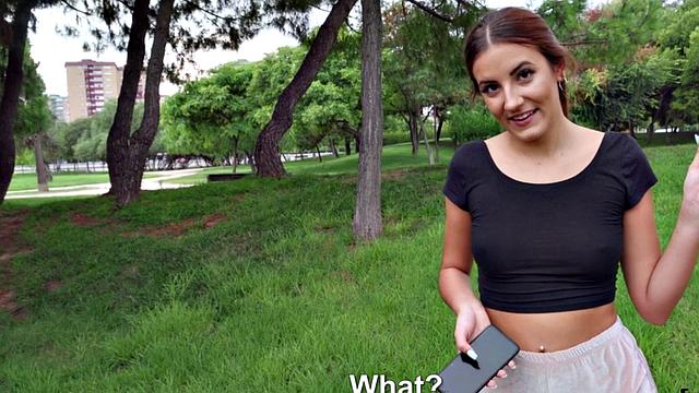 Euro babe with brown hair gets her bald pussy drilled in reverse cowgirl POV outdoor