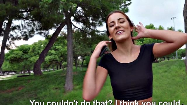 Euro babe with brown hair gets her bald pussy drilled in reverse cowgirl POV outdoor