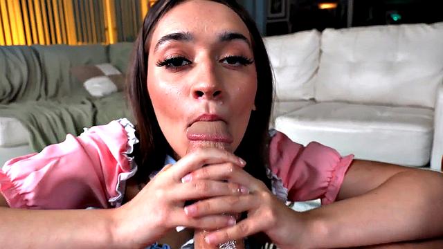 21yo BJ with perky boobs slobbers all over POV cock