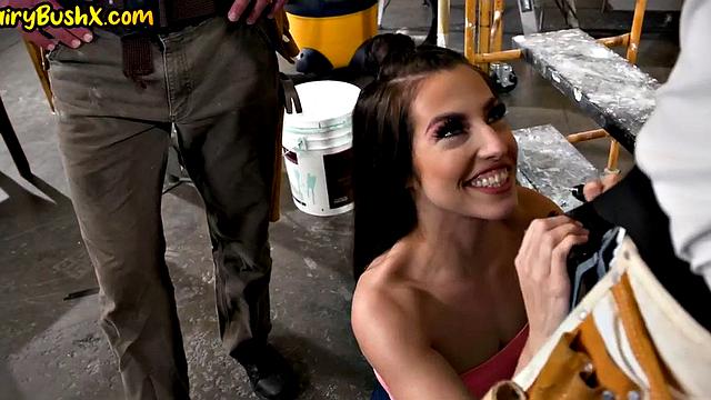 Hairymuff 21yo babe fucked in 3way by workers