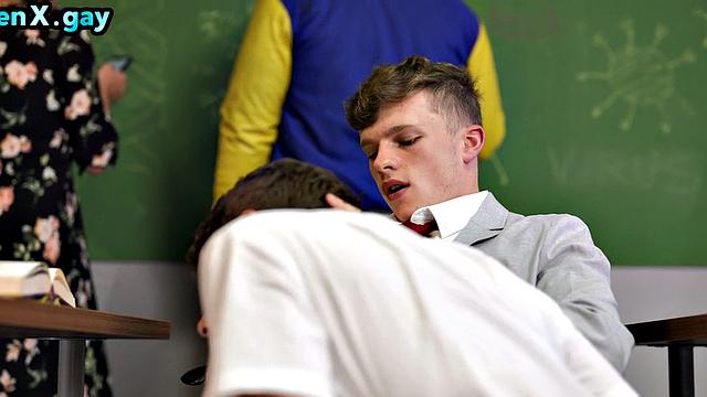 College stud bareback fucked in public classroom trio