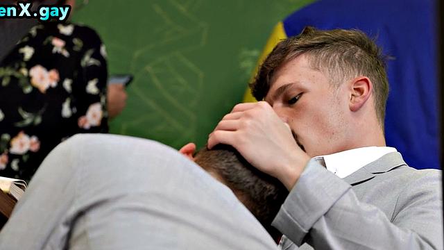 College stud bareback fucked in public classroom trio