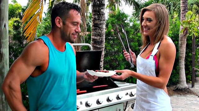 Naughty maid with small tits takes it from behind in outdoor pool doggystyle