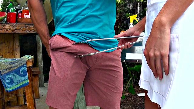 Naughty maid with small tits takes it from behind in outdoor pool doggystyle