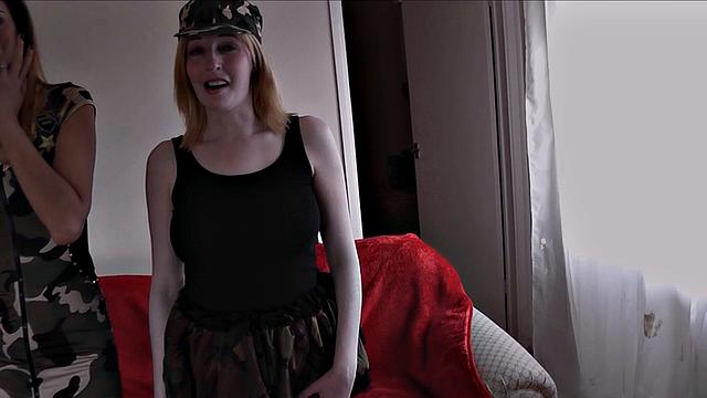 Eva and Jessica sucking on soldier's cock