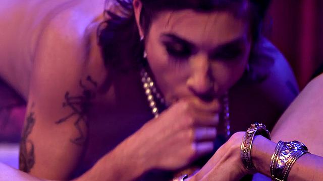 Busty TS lady licks and fucks hairy babe after getting sucked