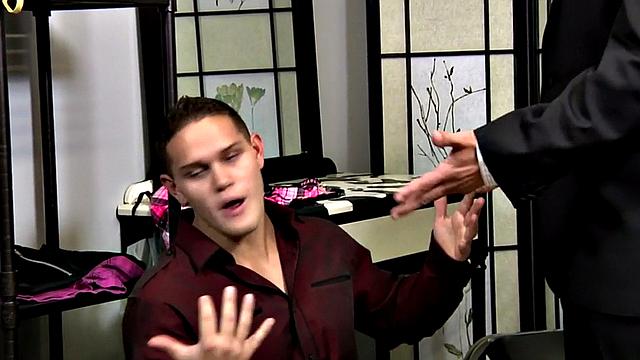 Handsome stud gets fucked backstage by big cock gay