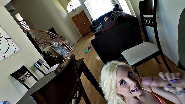 Blonde slut Gags on a Dick while being hand-carved and deepthroating it