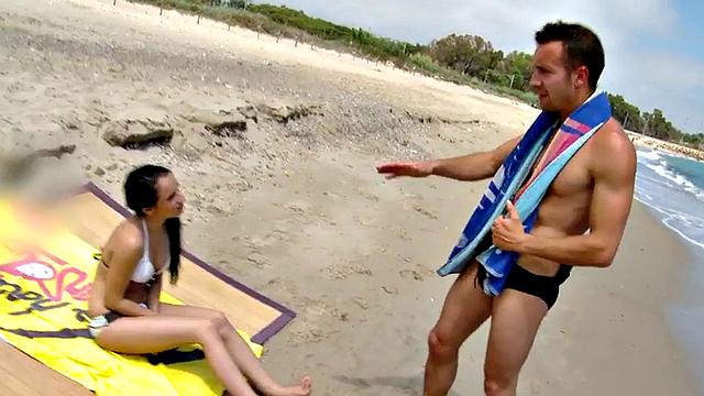 Public nasty slut smashed on the beach in her shaved pussy