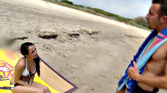 Public nasty slut smashed on the beach in her shaved pussy