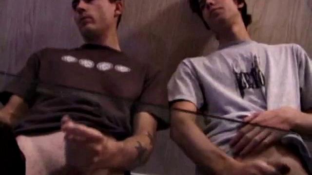 Jayden and Dan grease up their wood and we get close-ups of their horny faces. Jayden sports 8 inches and Dan holds his own. Always the instigator, Dan suggests they cum all over the glass table.