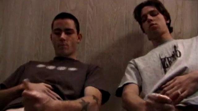 Jayden and Dan grease up their wood and we get close-ups of their horny faces. Jayden sports 8 inches and Dan holds his own. Always the instigator, Dan suggests they cum all over the glass table.