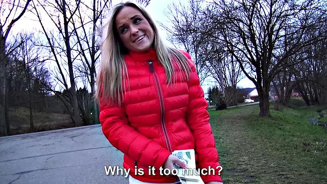 Blonde babe gets double the cum after deepthroating & getting fucked outdoors