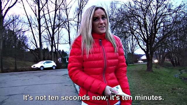 Blonde babe gets double the cum after deepthroating & getting fucked outdoors