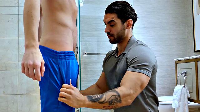 Stepmom catches her adult stepson stroking and joins him for a hot gay session