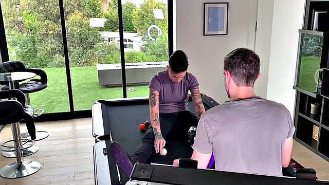 Strapon tattooed queer in underwear fucks 21yo in 3some